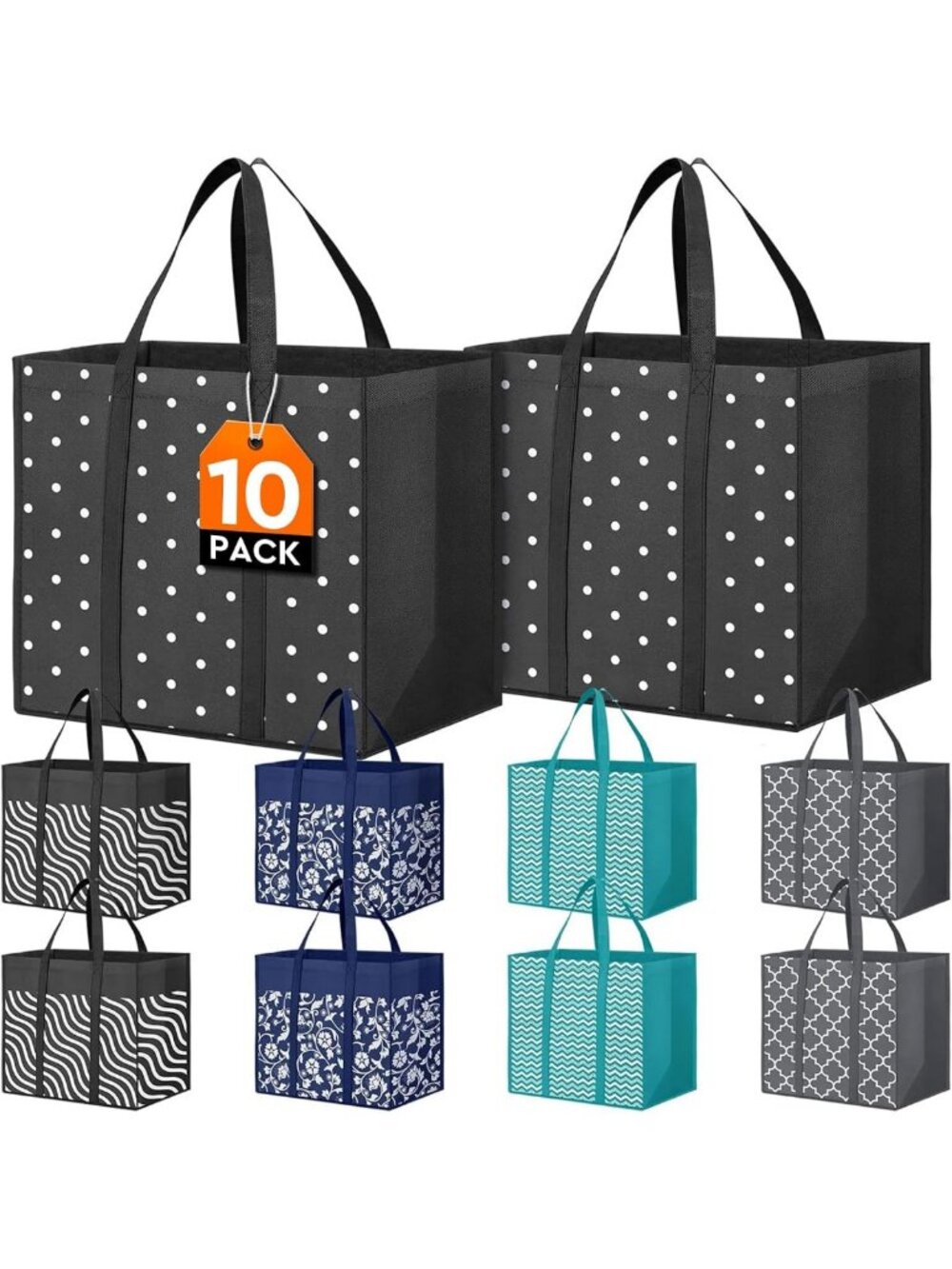 10 Pack Waterproof Reusable Grocery Tote Bags for Eco-Friendly Shopping